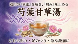 筋肉の緊張を解き痛みを止める漢方「芍薬甘草湯」の解説記事アイキャッチ。こむら返りの激痛（稲妻）が和らぎ、筋肉が緩む様子を表現したイメージイラスト