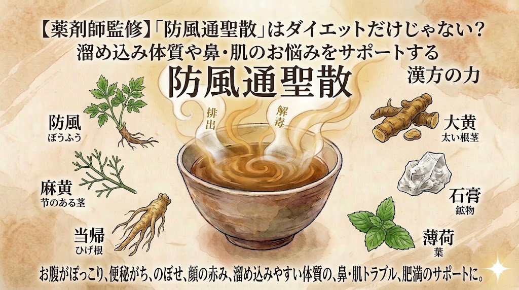 「【薬剤師監修】『防風通聖散』はダイエットだけじゃない？溜め込み体質や鼻・肌のお悩みをサポートする漢方の力」というタイトルの水彩画風画像。中央には湯気が立つ温かい防風通聖散の煎じ薬が描かれています。その周囲には、防風（ぼうふう）、麻黄（まおう）、当帰（とうき）、大黄（だいおう）、石膏（せっこう）、薄荷（はっか）といった代表的な生薬のイラストが配置されています。下部には「お腹がぽっこり、便秘がち、のぼせ、顔の赤み、溜め込みやすい体質の、鼻・肌トラブル、肥満のサポートに。」という説明文が添えられており、全体的にアンティーク調で温かみのあるデザインです。