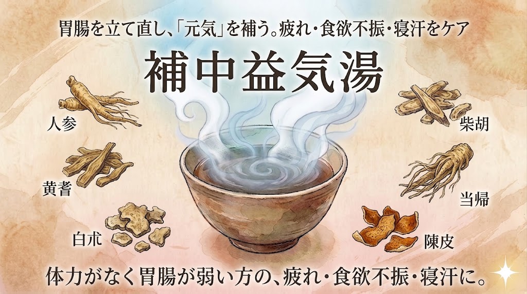 和紙のような質感の背景に、和風水彩画調で描かれた漢方薬「補中益気湯（ほちゅうえっきとう）」の解説イラスト。上部に「胃腸を立て直し、『元気』を補う。疲れ・食欲不振・寝汗をケア」、中央に大きな毛筆体で「補中益気湯」の文字が配置されています。中央には温かい湯気が立つ和風の器があり、その周囲を6種類の構成生薬のイラストが囲んでいます。左側上から「人参（にんじん）」「黄耆（おうぎ）」「白朮（びゃくじゅつ）」、右側上から「柴胡（さいこ）」「当帰（とうき）」「陳皮（ちんぴ）」とそれぞれの生薬名が記載されています。下部には「体力がなく胃腸が弱い方の、疲れ・食欲不振・寝汗に。」のテキスト。右下には小さな光の星のアクセントがあります。