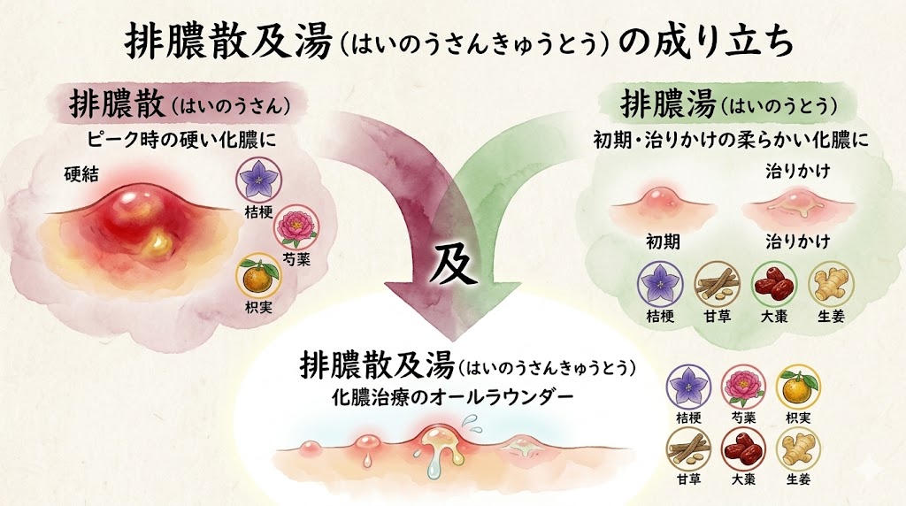 漢方薬「排膿散及湯（はいのうさんきゅうとう）」の成り立ちを解説する図解。左側にピーク時の硬い化膿に対応する「排膿散」が、桔梗、芍薬、枳実の3種類の生薬とともに描かれています。右側に初期や治りかけの柔らかい化膿に対応する「排膿湯」が、桔梗、甘草、大棗、生姜の4種類の生薬とともに描かれています。この2つの漢方薬が、中央にある「及」という文字を通じて合体し、下部の「排膿散及湯」になります。排膿散及湯は「化膿治療のオールラウンダー」として、様々な段階の化膿が混在する皮膚の状態を改善します。構成生薬は6種類です。