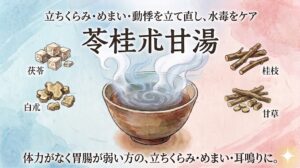 和風水彩画調で描かれた漢方薬「苓桂朮甘湯」の解説イラスト。上部に「立ちくらみ・めまい・動悸を立て直し、水毒をケア」、中央に大きな文字で「苓桂朮甘湯」、湯気の立つ器を囲むように4つの生薬（茯苓、白朮、桂枝、甘草）のイラストが配置されています。下部には「体力がなく胃腸が弱い方の、立ちくらみ・めまい・耳鳴りに。」と記載されています。