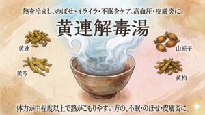 和風水彩画調で描かれた漢方薬「黄連解毒湯（おうれんげどくとう）」の解説サムネイル画像。和紙のような質感の背景に、上部には「熱を冷まし、のぼせ・イライラ・不眠をケア。高血圧・皮膚炎に。」というキャッチコピーと、大きな筆文字で「黄連解毒湯」の名称が配置されている。中央には、湯気が渦を巻いて立ち上る煎じ薬の器があり、その周囲を6つの構成生薬（黄連、白朮、茯苓、桂枝、桂枝、甘草）のクローズアップイラストと名称が囲んでいる。下部には「体力が中程度以上で熱がこもりやすい方の、不眠・のぼせ・皮膚炎に。」と記載されている。右下に小さな光のアクセント。