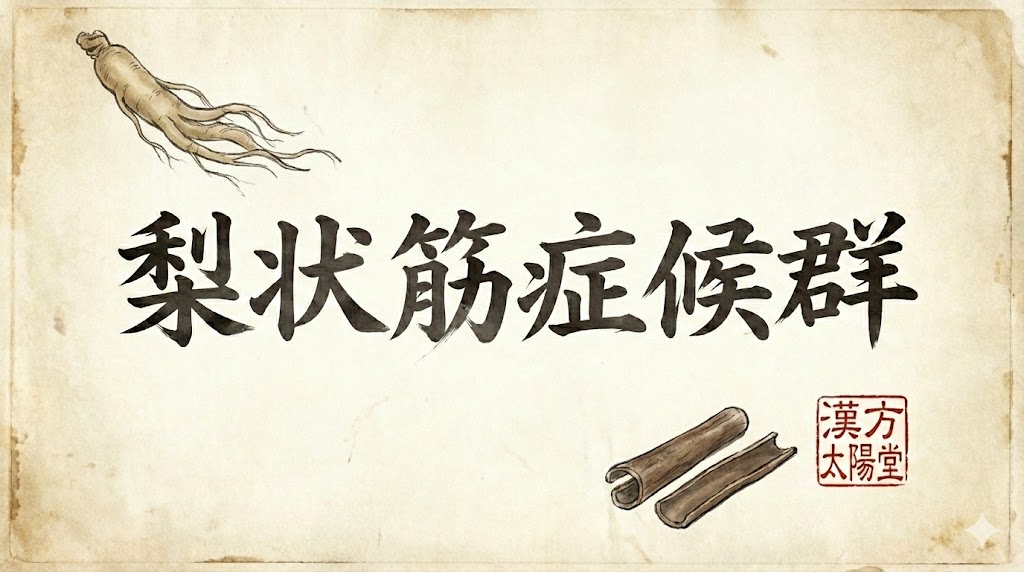 和紙の背景に力強い筆文字で「梨状筋症候群」と書かれたサムネイル画像。朝鮮人参と桂皮のイラスト、右下に漢方太陽堂の印影が添えられ、東洋医学の伝統と信頼感を表現したデザイン。