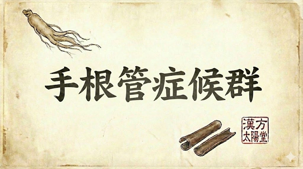 和紙の背景に力強い筆文字で「手根管症候群」と書かれたサムネイル画像。朝鮮人参と桂皮のイラスト、右下に漢方太陽堂の印影が添えられ、東洋医学の伝統と信頼感を表現したデザイン。