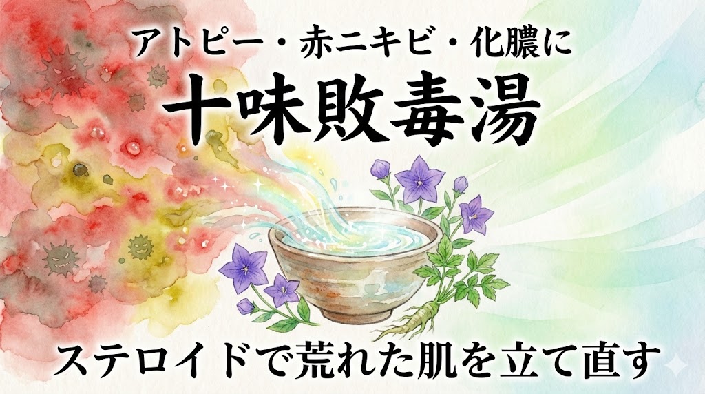 アトピーや赤ニキビ、化膿に効く漢方「十味敗毒湯（散）」の解説記事アイキャッチ。ステロイドで荒れた肌の毒素や菌（赤・黄色）を洗い流し、清浄な肌（緑・白）へと立て直すイメージイラスト