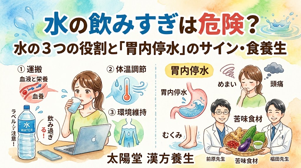 水彩画風サムネイル。「水の飲みすぎは危険？」というタイトルから、健康な水分の役割と、水の摂りすぎで起こる「胃内停水」の不調（めまい、頭痛、むくみ）、そして漢方医師（前原先生、椙田先生）が推奨する「苦味食材」の養生を要約。太陽堂 漢方養生。