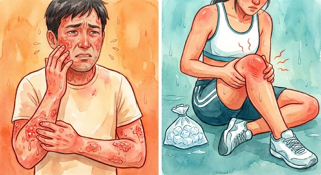 顔や腕が赤く腫れて痒そうな湿疹がある男性や、スポーツで膝を痛めて熱を持っているイメージイラスト