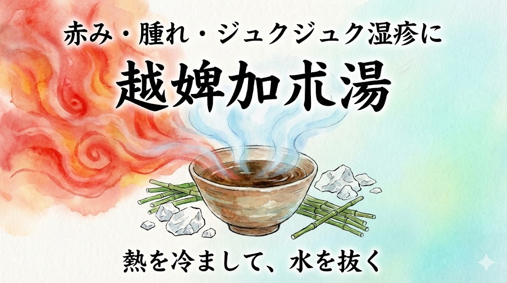 顔や腕に赤くジュクジュクした湿疹がある男性と、スポーツなどで膝が赤く腫れて熱を持っている女性のイラスト。越婢加朮湯が合う「熱と水」の停滞サイン