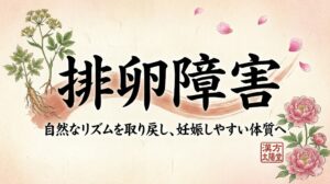 和紙の質感を持つ背景の中央に、大きく力強い筆文字で「排卵障害」、その下に「自然なリズムを取り戻し、妊娠しやすい体質へ」と書かれたサムネイル画像。左上には生薬の植物画（柴胡や当帰の根と花）、右下にはピンク色の芍薬の花のイラストと「漢方 太陽堂」の赤い落款印が配置され、上部にはピンク色の花びらが舞っている。