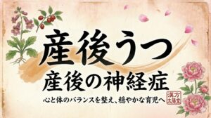 和紙の質感を持つ背景の中央に、大きく力強い筆文字で「産後うつ」、その下に「産後の神経症」と書かれたサムネイル画像。下部には「心と体のバランスを整え、穏やかな育児へ」と書かれている。左上には生薬の植物画（当帰や柴胡の根と花）、右下にはピンク色の芍薬の花のイラストと「漢方 太陽堂」の赤い落款印が配置され、上部にはピンク色の花びらが舞っている。