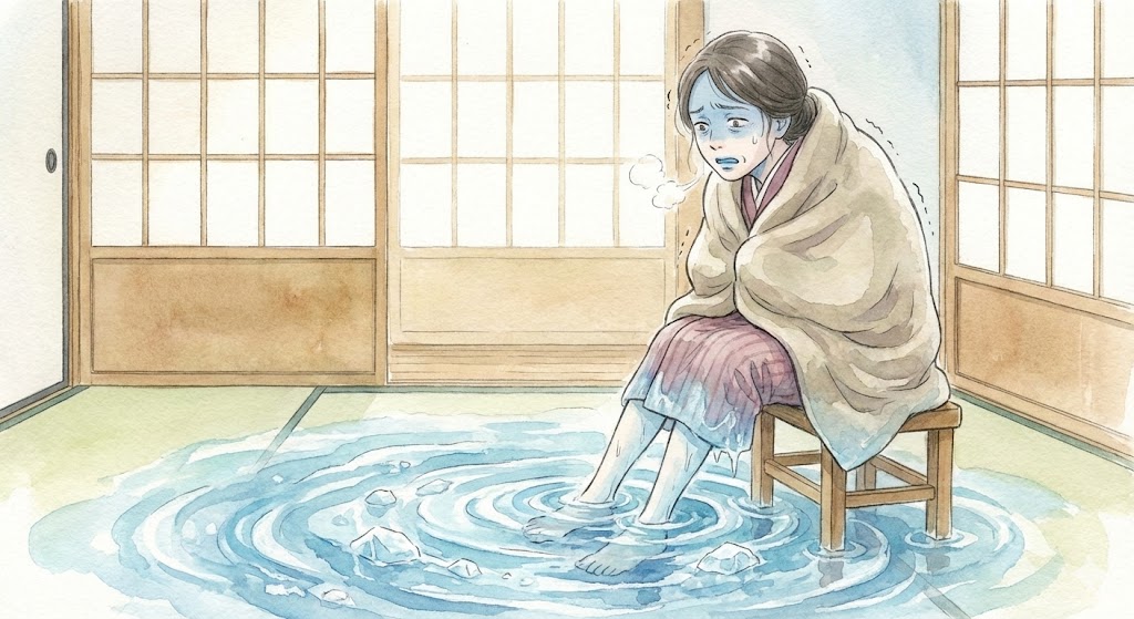 腰から下が冷たい水の中に浸かっていて、寒そうに震えている女性のイメージイラスト