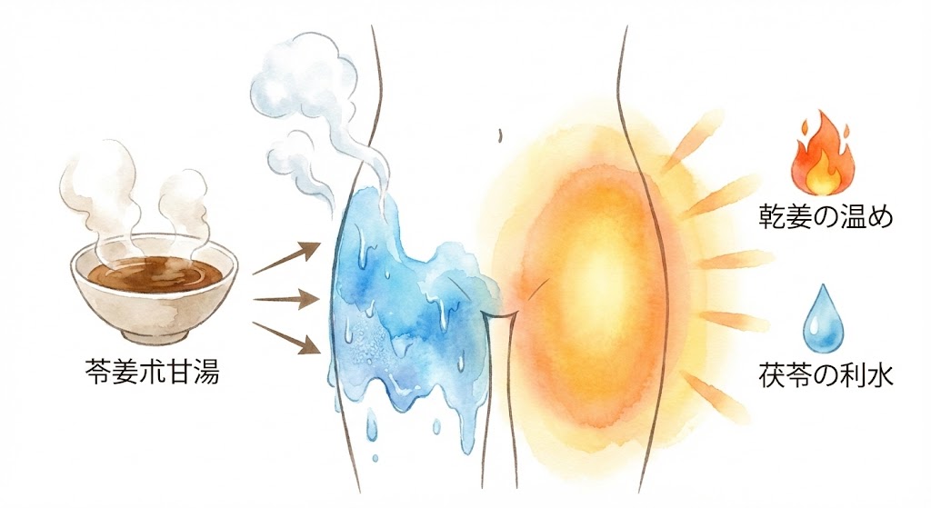 漢方の作用で、腰回りの冷たい水が蒸発し、ポカポカと温まっていくイメージ図