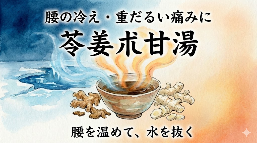 腰の冷えと重だるい痛みに効く漢方「苓姜朮甘湯」の解説記事アイキャッチ。乾姜の力で冷たい水を温めて抜くイメージイラスト