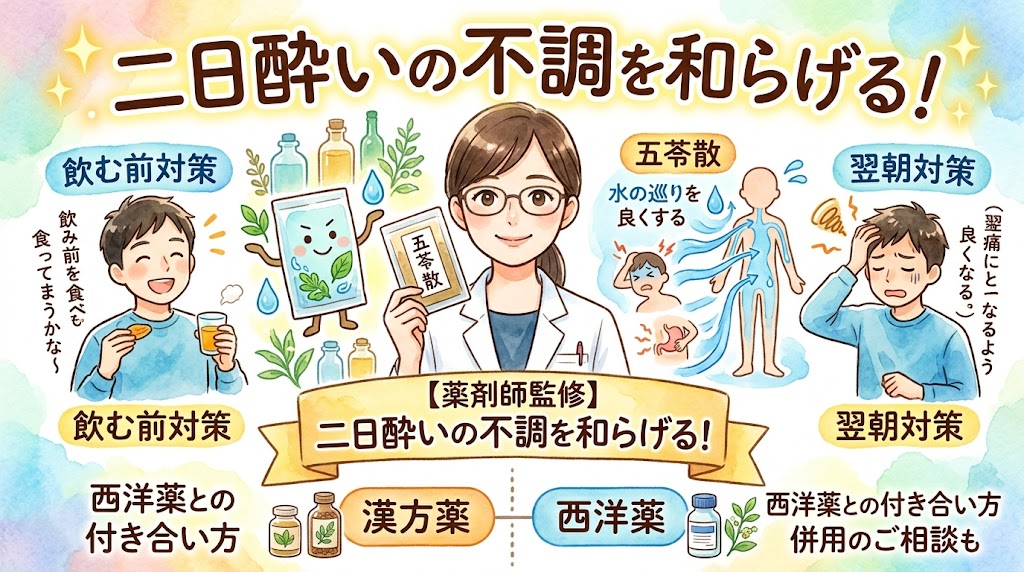 水彩画風のサムネイル画像。中央に「五苓散」のパッケージを手にした女性薬剤師のイラスト。左側に楽しそうにお酒を飲む男性（飲む前対策）、右側に頭痛で辛そうな二日酔いの男性（翌朝対策）が描かれている。体内の水の巡りを良くするイメージや、西洋薬と漢方薬のボトルが並んだイラストが配置され、具体的な対策がまとまったデザイン。