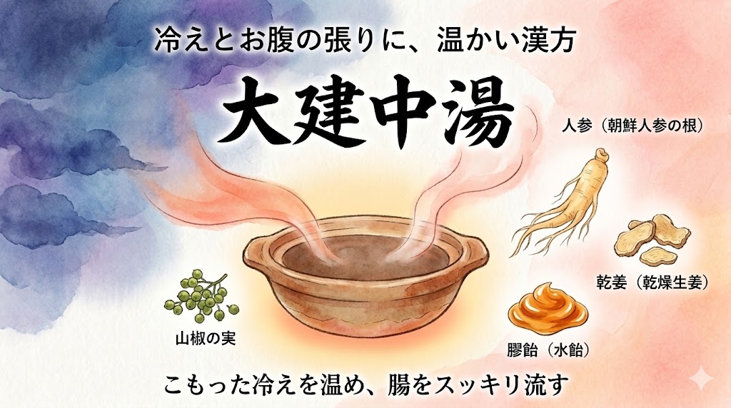 お腹の冷えや張りに効く漢方「大建中湯（だいけんちゅうとう）」のアイキャッチ画像。お腹にこもった冷えを表す青暗いモヤを、漢方の温かい湯気がスッキリと吹き飛ばし、腸を温めていく様子を表現した水彩風イラスト。周囲には構成する4つの生薬（人参、乾姜、山椒、膠飴）が描かれています。