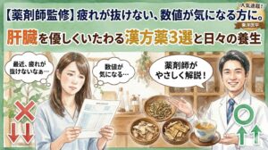 「【薬剤師監修】疲れが抜けない、数値が気になる方に。肝臓を優しくいたわる漢方薬3選と日々の養生」というタイトルの水彩画風サムネイル。左側には健康診断結果を見て「最近、疲れが抜けないなぁ…」「数値が気になる…」と悩む女性のイラスト。右側には、3種類の生薬と温かい漢方茶を差し出し「薬剤師がやさしく解説！」と笑顔で案内する男性薬剤師のイラストが描かれています。
