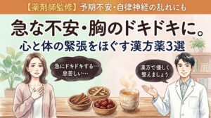 「【薬剤師監修】急な不安や胸のドキドキに。心と体の緊張を優しくほぐす漢方薬3選」というタイトルの水彩画風サムネイル。左側には胸に手を当てて「急にドキドキする…」と不安そうな女性のイラスト。右側には、3種類の生薬と温かい漢方茶を前に、「漢方で優しく整えましょう」と笑顔で案内する男性薬剤師のイラストが描かれています。全体的にパステルグリーンとピンクベージュの温かみのある配色です。