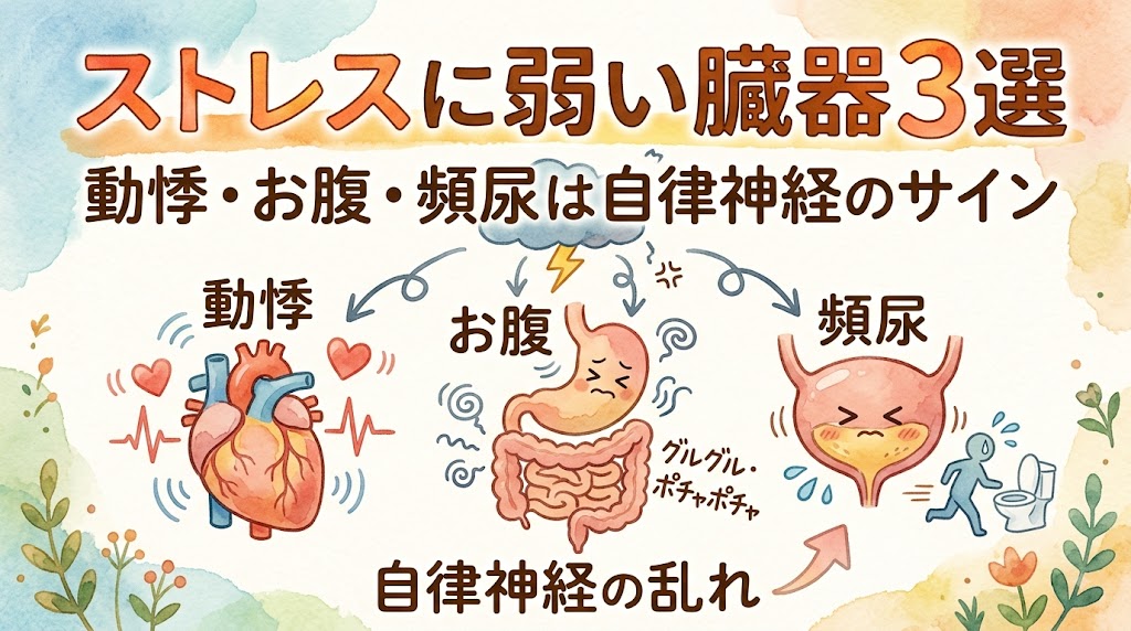 水彩画風のサムネイル画像。上部に「ストレスに弱い臓器3選」「動悸・お腹・頻尿は自律神経のサイン」という大きなタイトル。その下に、ドキドキと動悸がする「心臓」、ギュルギュルと痛む「胃腸」、頻尿を表す「膀胱」と焦ってトイレに向かう人のイラストが、コミカルかつ分かりやすく描かれている。