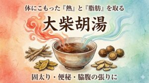 固太り・便秘の漢方「大柴胡湯」の解説記事アイキャッチ。体にこもった熱と脂肪を冷まして取るイメージの水彩画風イラスト