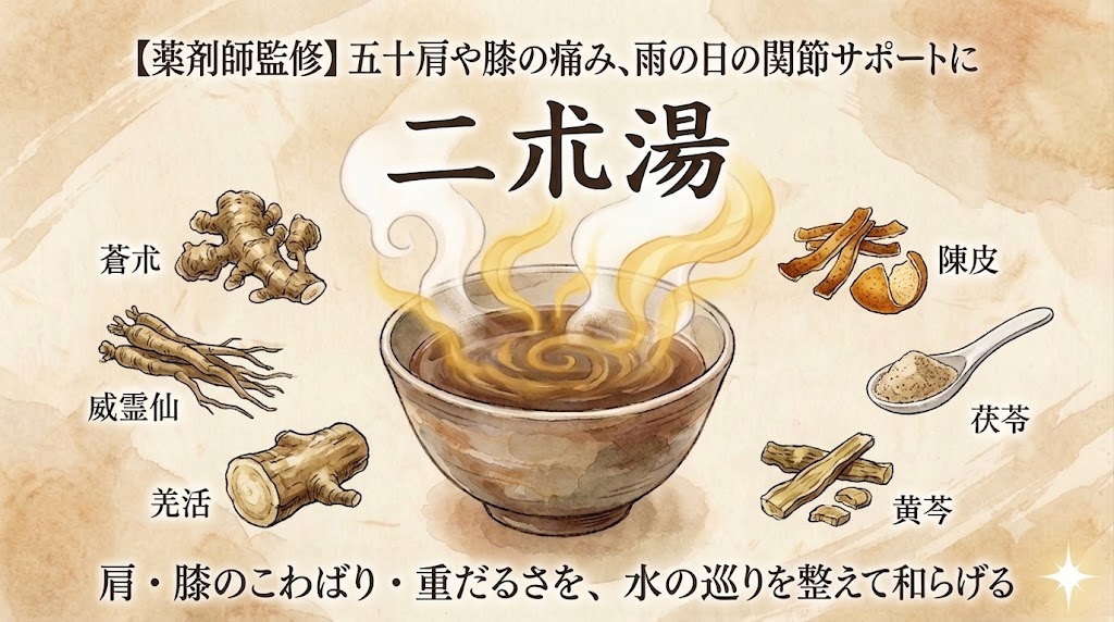 「【薬剤師監修】五十肩や膝の痛み、雨の日の関節サポートに 二朮湯」というタイトルの水彩画風画像。中央には湯気が立つ温かい二朮湯の煎じ薬が描かれています。その周囲には、蒼朮（そうじゅつ）、威霊仙（いれいせん）、羌活（きょうかつ）、陳皮（ちんぴ）、茯苓（ぶくりょう）、黄芩（おうごん）といった代表的な生薬のイラストが配置されています。下部には「肩・膝のこわばり・重だるさを、水の巡りを整えて和らげる」という説明文が添えられており、全体的にアンティーク調で温かみのあるデザインです。