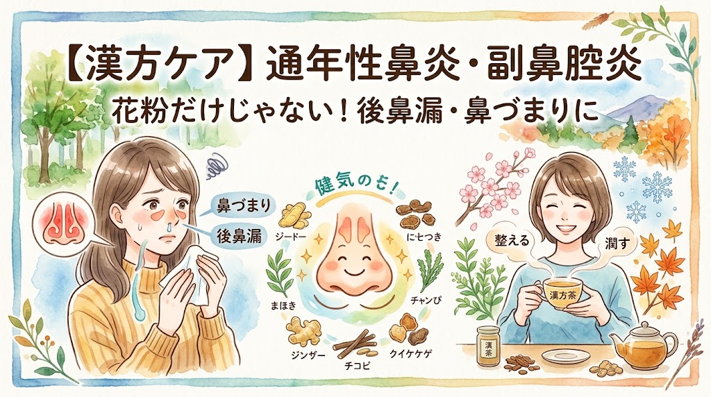 水彩画風のサムネイル画像。左側に鼻水や鼻づまりでティッシュを手に辛そうな女性、右側に漢方茶を飲んでスッキリとした笑顔の女性のイラストが描かれている。周囲には春夏秋冬を思わせる植物や風景、漢方の生薬が配置され、季節を問わない通年性の鼻トラブルを優しくケアするイメージ。