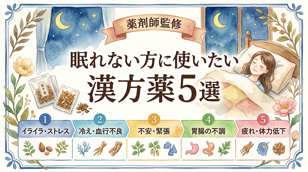 「【薬剤師監修】眠れない方に使いたい漢方薬5選」と書かれたサムネイル画像。水彩画タッチで、星空を背景にベッドで心地よく眠る女性と漢方薬のイラストが描かれています。下部には「1：イライラ・ストレス」「2：冷え・血行不良」「3：不安・緊張」「4：胃腸の不調」「5：疲れ・体力低下」という5つのタイプ別使い分け早見表が配置されています。
