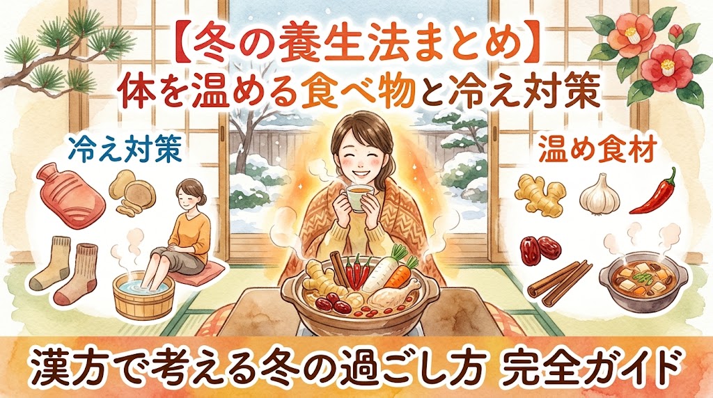 【冬の養生法まとめ】体を温める食べ物と冷え対策｜漢方で考える冬の過ごし方 完全ガイド」をテーマにした水彩画風のサムネイル画像。中央には暖かそうなブランケットを羽織り漢方茶を飲む女性。周囲に、湯たんぽ、厚手の靴下、足湯のアイコン、生姜、ニンニク、唐辛子、棗、土鍋料理などの体を温める食材のイラストが描かれ、「冷え対策」「温め食材」「体を温める食べ物」などのラベルがある。