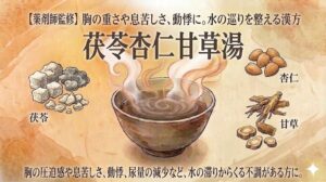 和紙のような質感の背景に、漢方薬「茯苓杏仁甘草湯」(ぶくりょうきょうにんかんぞうとう)の解説と構成生薬を紹介するイラスト図解。 中央上部に大きく「茯苓杏仁甘草湯」の文字があり、その下に湯気の立つ漢方薬の入った和風の茶碗が描かれている。 茶碗の左側には構成生薬の「茯苓」(ぶくりょう)の塊と破片が配置され、右側には「杏仁」(きょうにん)の種と、その下に「甘草」(かんぞう)の根とスライスが配置されている。 画像の上部にはキャッチコピー「【薬剤師監修】 胸の重さや息苦しさ、動悸に。水の巡りを整える漢方」があり、下部には「胸の圧迫感や息苦しさ、動悸、尿量の減少など、水の滞りからくる不調がある方に。」と適応症が記載されている。