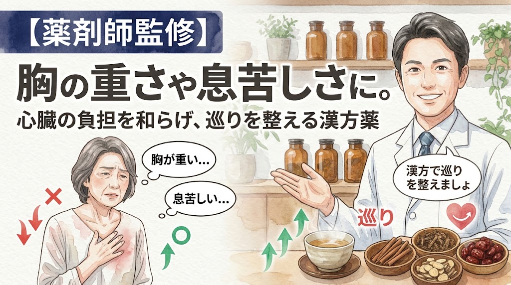 【薬剤師監修】胸の重さや息苦しさに。心臓の負担を和らげ、巡りを整える漢方薬」というタイトルの水彩画風サムネイル。左側には胸に手を当てて「胸が重い…」「息苦しい…」と悩む女性のイラスト。右側には、数種類の生薬と温かい漢方茶を前に「漢方で巡りを整えましょ」と笑顔で案内する男性薬剤師のイラストが描かれています。温かみのある水彩画タッチで、巡りをサポートするイメージが表現されています。
