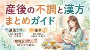 水彩画風の温かみのあるサムネイル画像。右側に赤ちゃんを優しく抱きかかえて微笑む母親のイラストが描かれている。上部に大きく「産後の不調と漢方 まとめガイド」というタイトルがあり、左側には「産後うつ」「疲れ」「母乳トラブル」といったお悩み別の案内が配置されている。手前には温かい漢方茶と生薬が置かれ、全体的に産後のママに寄り添う優しい雰囲気のデザイン。