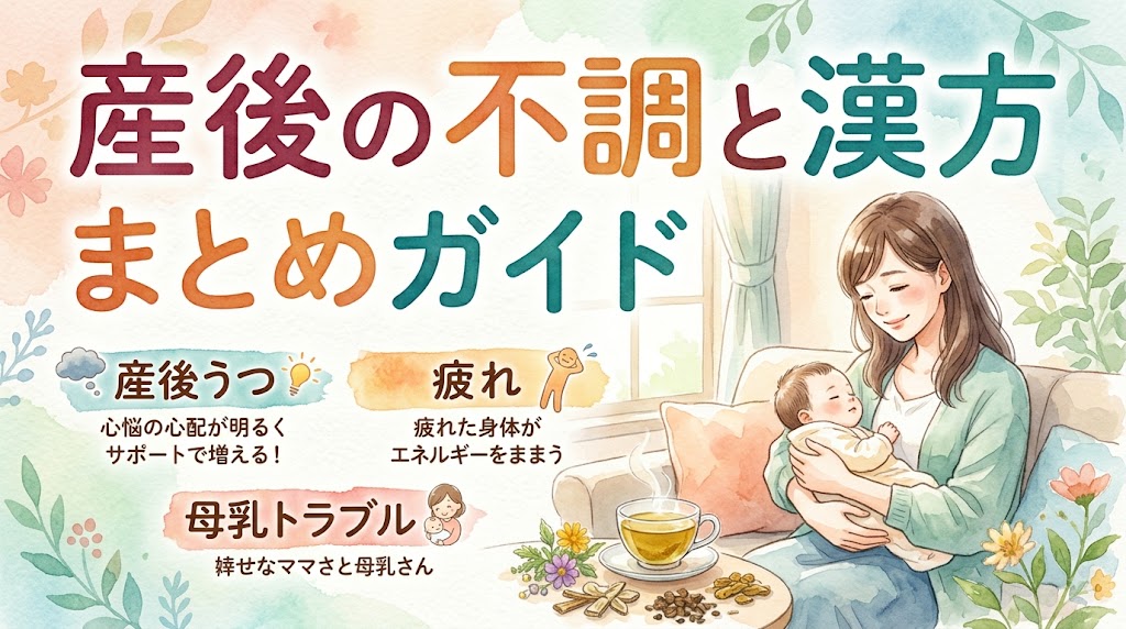 水彩画風の温かみのあるサムネイル画像。右側に赤ちゃんを優しく抱きかかえて微笑む母親のイラストが描かれている。上部に大きく「産後の不調と漢方 まとめガイド」というタイトルがあり、左側には「産後うつ」「疲れ」「母乳トラブル」といったお悩み別の案内が配置されている。手前には温かい漢方茶と生薬が置かれ、全体的に産後のママに寄り添う優しい雰囲気のデザイン。
