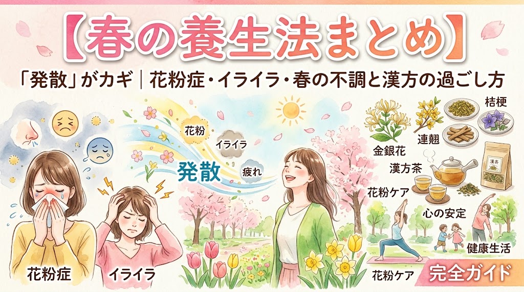「【春の養生法まとめ】『発散』がカギ｜花粉症・イライラ・春の不調と漢方の過ごし方 完全ガイド」をテーマにした水彩画風のサムネイル画像。中央には笑顔でリラックスした女性と、そこから飛び出すピンクや黄色のエネルギー流と花びらで「発散」を表現。周囲に、くしゃみをする女性やイライラして頭を抱える女性、金銀花や連翹などの生薬、ヨガや健康的な活動のアイコンが描かれ、「花粉症」「心の安定」「健康生活」などのラベルがある。