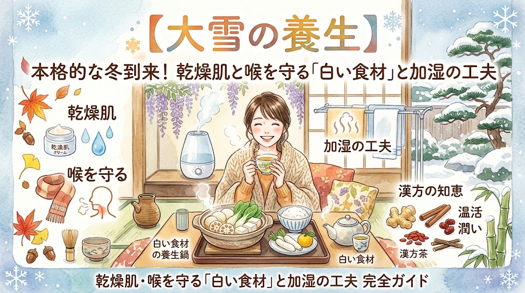 「【大雪の養生】本格的な冬到来！乾燥肌と喉を守る『白い食材』と加湿の工夫 完全ガイド」をテーマにした、水彩画風のイラスト。 伝統的な日本の家屋の縁側で、笑顔の女性が温かいお茶を楽しんでいる。 画像上部には「【大雪の養生】本格的な冬到来！乾燥肌と喉を守る『白い食材』と加湿の工夫」のテキスト。 中央の女性の周囲に、カテゴリー別のアイテムが配置されている。 左側には、乾燥肌のテキストと保湿クリーム（「乾燥肌クリーム」と書かれた瓶）、水滴のアイコン。その下に喉を守るのテキストとマフラー、咳のアイコン。 右側には、加湿の工夫のテキストと加湿器、濡れたタオル。その下に漢方の知恵のテキストと生姜、シナモン、ナツメ、クコの実などの生薬、漢方茶の袋。さらに、温活、潤いのキーワード。 中央下部には、白い食材のテキストと生の大根、ネギ。その隣に白い食材の養生鍋のテキストと具材たっぷりの土鍋。 その他、茶道具（茶筅、茶碗、急須）。 背景は雪景色と伝統的な日本の庭園。周囲には秋の紅葉（もみじ、イチョウ）、どんぐり、雪の結晶、竹が描かれている。 画像下部には「乾燥肌・喉を守る『白い食材』と加湿の工夫 完全ガイド」のテキスト。