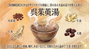 「【薬剤師監修】吐き気を伴うズキズキ頭痛に。胃の冷えを温め巡りを整える漢方。呉茱萸湯」というタイトルの水彩画風画像。中央には湯気が立つ温かい呉茱萸湯の煎じ薬が描かれています。その周囲には、呉茱萸(ごしゅゆ)、人参(にんじん)、生姜(しょうきょう)、大棗(たいそう)といった4つの構成生薬のイラストが配置されています。下部には「冷えによる激しい頭痛、嘔吐、めまいなどに。胃腸を芯から温めて『上逆』を抑えます。」という説明文が添えられており、全体的にアンティーク調で温かみのあるデザインです。