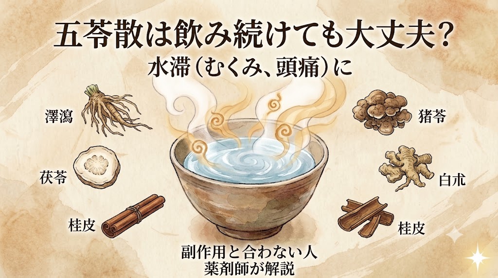 和紙風の背景に、漢方薬「五苓散(ごれいさん)」に関する解説テキストとイラストが配置された画像。中央には水が入り、渦巻き模様の金色や茶色の湯気が立つ碗。碗の上部には大きなテキストで「五苓散は飲み続けても大丈夫?」、その下に「水滞(むくみ、頭痛)に」。碗の周囲には6つの生薬のイラストとラベルが対称に配置されている。左側は「澤瀉(たくしゃ)」、「茯苓(ぶくりょう)」、「桂皮(けいひ)」。右側は「猪苓(ちょれい)」、「白朮(びゃくじゅつ)」、「桂皮(けいひ)」。下部には「副作用と合わない人」、「薬剤師が解説」というテキスト。