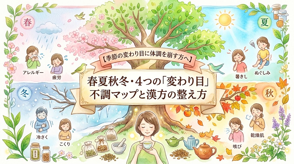 「【季節の変わり目に体調を崩す方へ】春夏秋冬・4つの『変わり目』不調マップと漢方の整え方」と書かれたリボンが中央に配置された、水彩画タッチのサムネイル画像。背景には四季の移ろいを表す1本の大きな木が描かれ、画面が春夏秋冬の4つのエリアに分かれています。それぞれの季節のエリアには、春のアレルギー、夏の暑さやだるさ、秋の乾燥や咳、冬の冷えなど、季節特有の不調に悩む人々のイラストが添えられています。画面下部には、生薬や茶器に囲まれながら、温かい漢方茶を飲んでホッとリラックスしている女性の姿が描かれています。