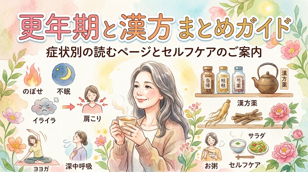 水彩画風のサムネイル画像。中央で温かいお茶を両手で持ち、穏やかな表情でリラックスする女性のイラスト。上部に「更年期と漢方 まとめガイド 症状別の読むページとセルフケアのご案内」のタイトルがある。左側には「のぼせ」「不眠」「イライラ」「肩こり」といった症状のアイコンや、「ヨガ」「深呼吸」などのセルフケアの様子が描かれている。右側には漢方薬の瓶や生薬、健康的な食事が配置され、花々に囲まれた明るく前向きなデザイン。