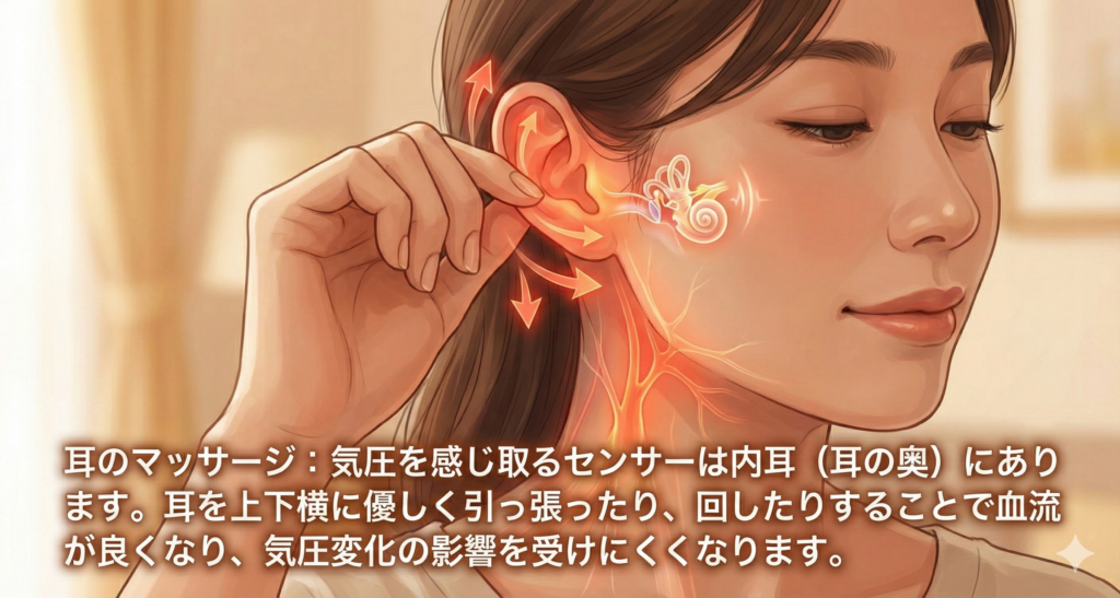 女性が耳を上下横に優しく引っ張るマッサージのイラスト。内耳の気圧センサーと耳周りの血流が良くなる様子が赤く光って図解されている。