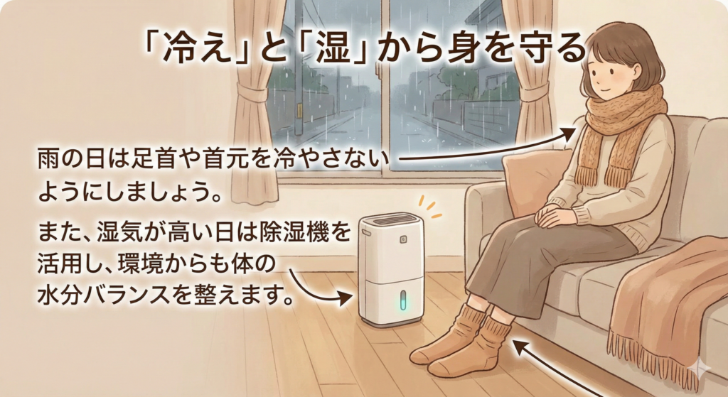 雨の日の「冷え」と「湿」から身を守る養生法のイラスト。雨が降る窓辺の部屋で、女性がマフラーと靴下で首元や足首を温めている様子と、除湿機を活用して湿気をコントロールし、環境から体の水分バランスを整えることを推奨するテキストが描かれている。