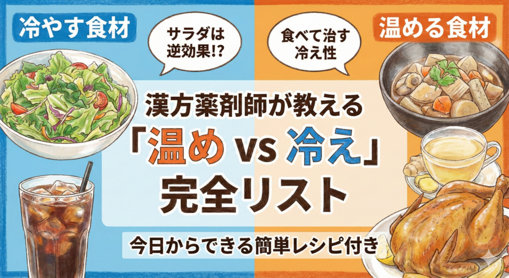 漢方薬剤師が教える冷え性改善のための「温める食材」と「冷やす食材」の比較イラストサムネイル。左側にサラダとアイスコーヒー、右側に根菜煮物と生姜紅茶などが描かれ、「温め vs 冷え 完全リスト」「簡単レシピ付き」の文字が入った手描き風アイキャッチ画像。