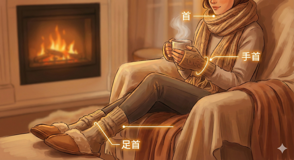 冷え性対策で温めるべき3つの首（首・手首・足首）の位置を示した女性のイラスト。太い血管を守り全身を効率よく温めるポイント。