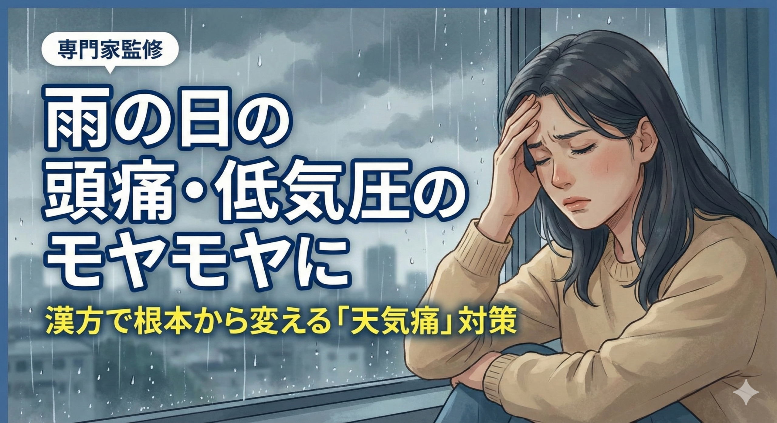 雨の日の頭痛や低気圧による天気痛に悩む女性のイラスト。背景に雨が降る窓辺が描かれ、中央に『低気圧・雨の日の頭痛に 漢方で根本改善』という文字が大きく配置されたブログ記事用サムネイル画像。