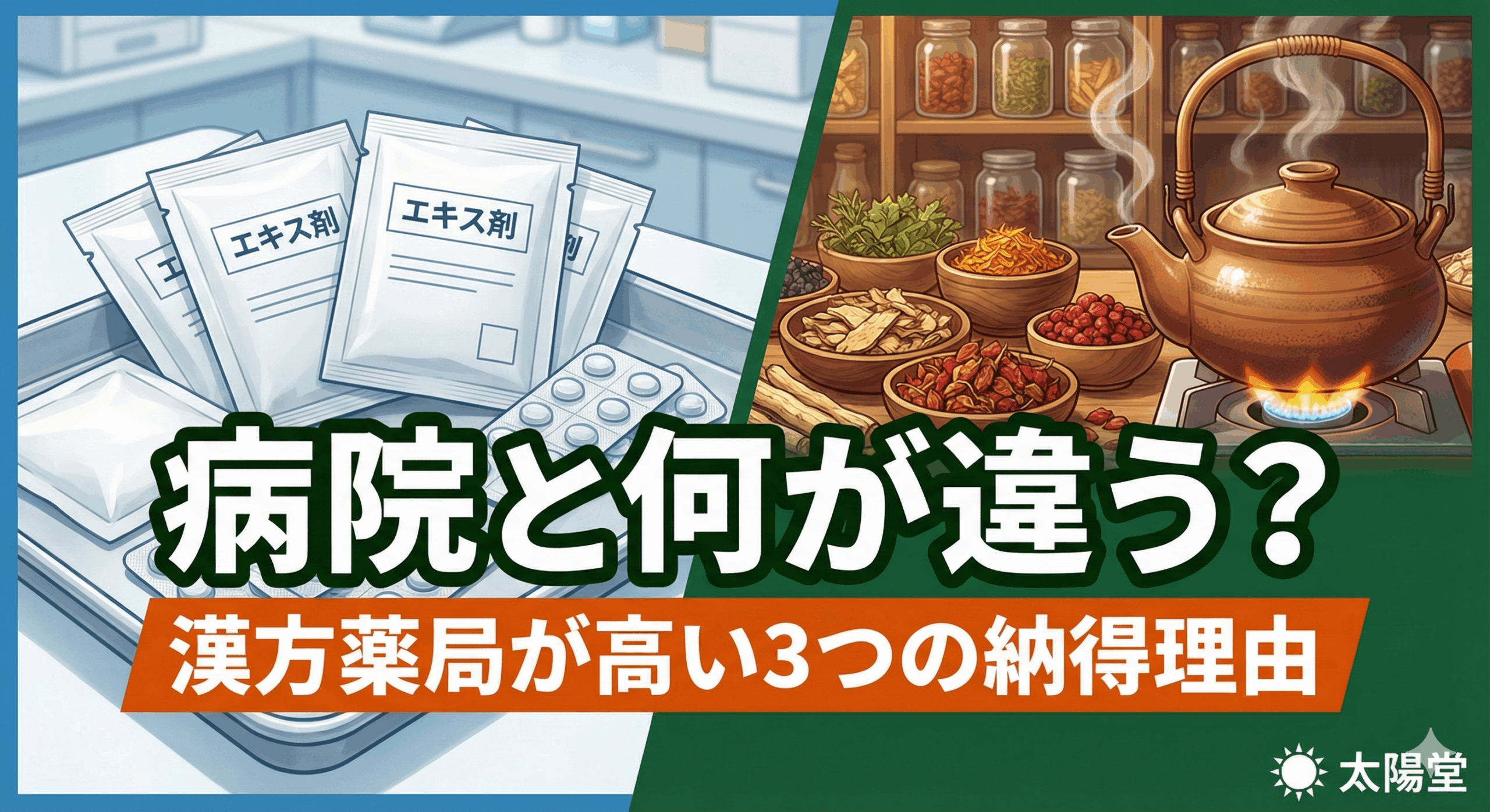 病院の漢方（粉薬）と漢方薬局の漢方（高品質な生薬・煎じ薬）の違いを左右で比較したイラスト。漢方薬局の値段が高い3つの理由を解説する、新宿・太陽堂のブログ用サムネイル画像。