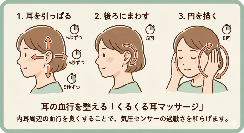 耳の血行を整える「くるくる耳マッサージ」のイラスト図解。1.耳を上下横に5秒ずつ引っ張る、2.後ろに5回まわす、3.手のひらで覆って5回円を描くという3つの手順を示し、内耳の血行を良くして気圧センサーの過敏さを和らげる効果を説明している。