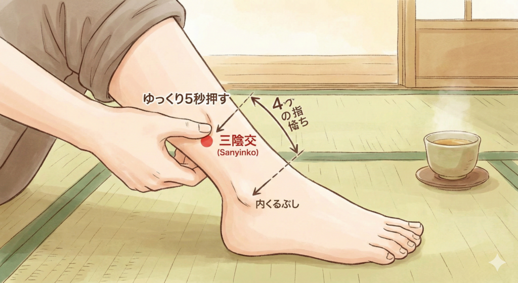季節の変わり目の不調やむくみに効くツボ「三陰交（さんいんこう）」の位置と押し方の図解。内くるぶしから指4本分上の位置を親指でゆっくり押すマッサージのイメージ。