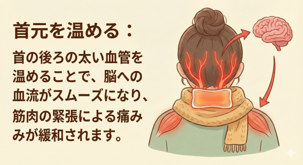 蒸しタオルで首の後ろ（盆の窪）を温めて頭痛を和らげるセルフケアの様子