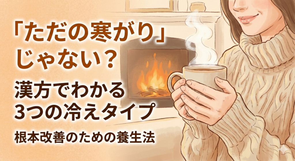 漢方薬局太陽堂のブログ記事アイキャッチ。「ただの寒がりじゃない？漢方でわかる3つの冷えタイプと根本改善」というタイトルと、温かい飲み物を持ちリラックスする女性のイラスト。