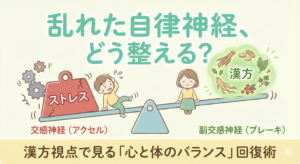 自律神経の乱れと漢方の仕組みを解説した図解イラスト。交感神経と副交感神経のバランスをシーソーで表現し、漢方で整えるイメージを描いた、新宿・太陽堂のブログ用サムネイル画像。