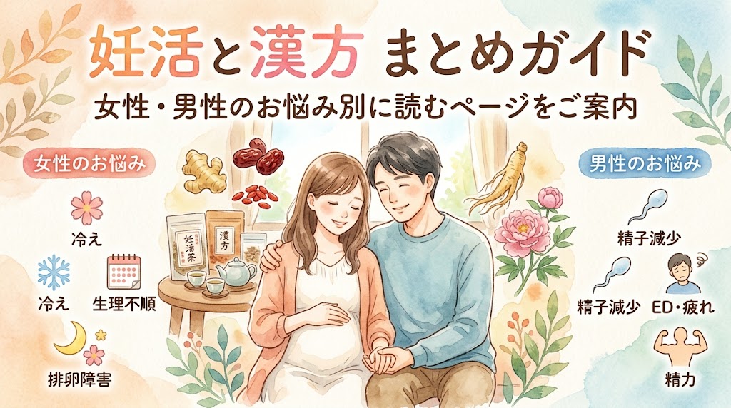 水彩画風のサムネイル画像。中央に微笑み合いながら寄り添う夫婦のイラストが描かれている。上部に「妊活と漢方 まとめガイド 女性・男性のお悩み別に読むページをご案内」というタイトルが配置されている。左側には「女性のお悩み（冷え、生理不順、排卵障害など）」、右側には「男性のお悩み（精子減少、ED・疲れなど）」を示すアイコンと文字が並び、背景には漢方薬や植物があしらわれた希望を感じさせるデザイン。