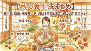 「【秋の養生法まとめ】食中毒・乾燥・寒暖差…秋に増える不調と漢方の過ごし方 完全ガイド」をテーマにした水彩画風のサムネイル画像。中央には漢方茶を飲む女性。周囲に、加湿器や保湿クリームのアイコン、手洗いと健康な胃腸のアイコン、生姜、高麗人参、シナモンなどの生薬、マフラー、厚手の靴下が描かれ、「乾燥対策」「食中毒対策」「寒暖差対策」「漢方の知恵」「漢方食材」などのラベルがある。